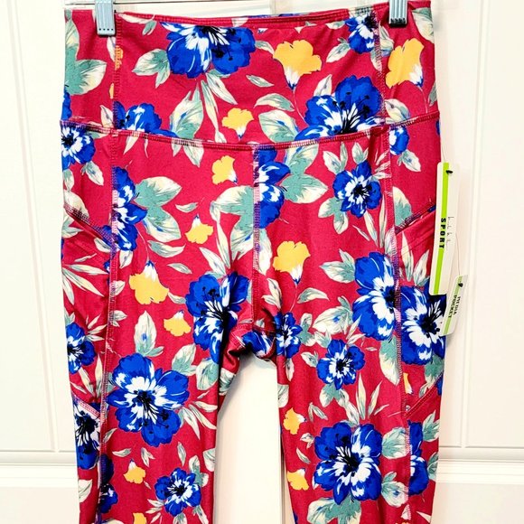 Nicole Miller Sport Women's Large High Waisted Leggings Pockets Pink Floral NWT - Picture 1 of 10